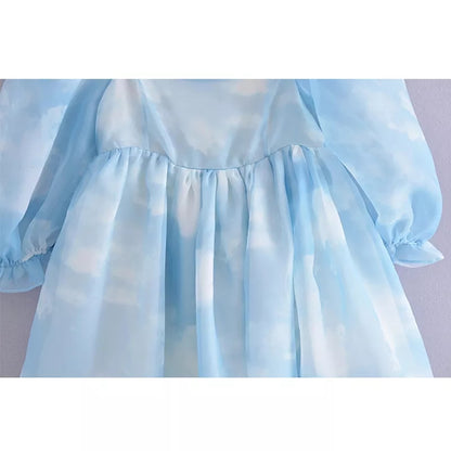 Cute Sexy Blue Cloud Sky Princess Square Neck Puff Sleeve Mini Party Dress Summer Aesthetic E-Girl Kawaii Korean Japanese Harajuku