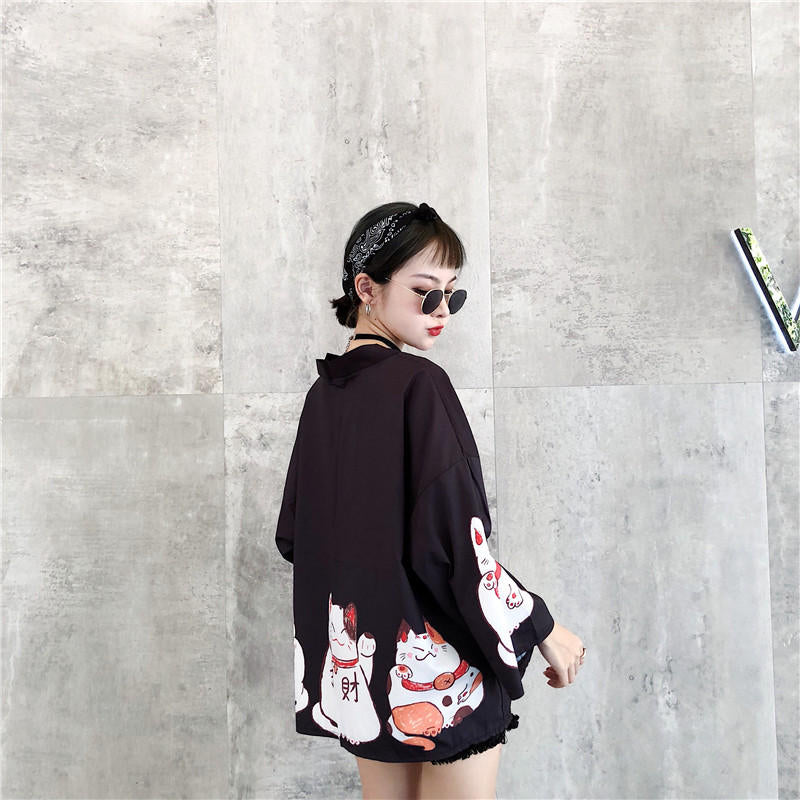 Pink Cat Blouse Kimono Cardigan Cartoon Print Loose Blouse Long Sleeve Shirt T-shirt Top E-Girl Kawaii Korean Japanese Harajuku Streetwear