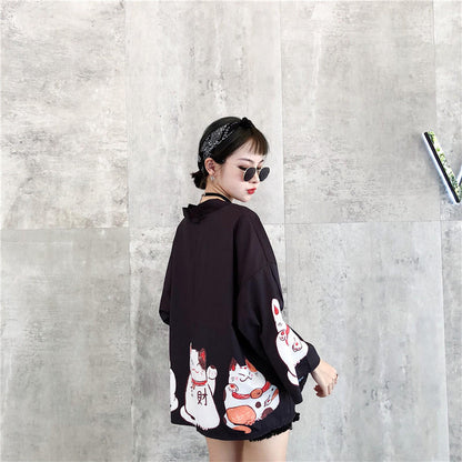 Pink Cat Blouse Kimono Cardigan Cartoon Print Loose Blouse Long Sleeve Shirt T-shirt Top E-Girl Kawaii Korean Japanese Harajuku Streetwear