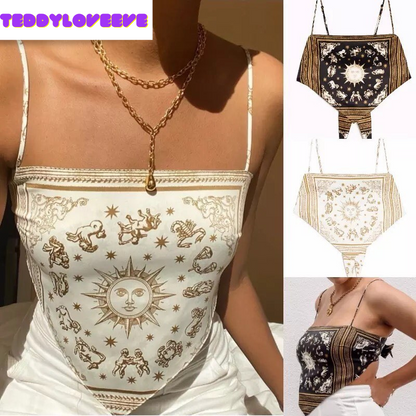 Sexy Sun Moon Zodiac Backless Camisole Lace Up Spaghetti Strap Tank Top Asymmetrical Print Aesthetic E-Girl Kawaii Korean Japanese Harajuku Streetwear