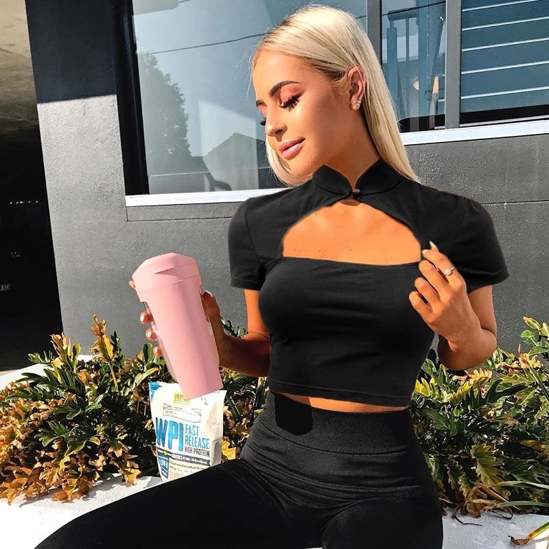 Cute Sexy Casual Black Hallow Out Crop Top Short Sleeve Shirt Tee T-shirt E-Girl Kawaii Korean Japanese Harajuku Chinese Retro Streetwear Aesthetic