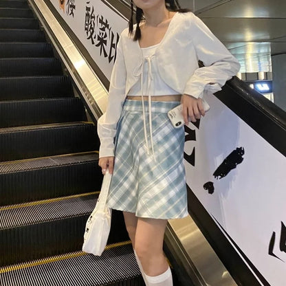 Cute Sweet White Lace Up Loose Cropped Long Sleeve Shirt Cardigan Pullover Aesthetic Casual Summer E-Girl Kawaii Korean Japanese Harajuku