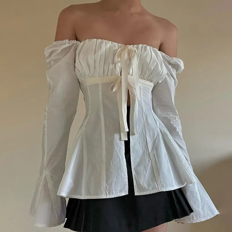 Square Collar Lace Up Flare Sleeve Shirt