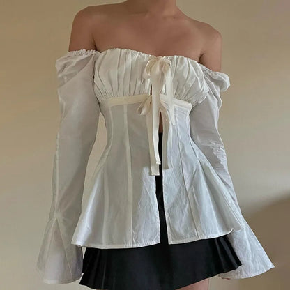 Square Collar Lace Up Flare Sleeve Shirt