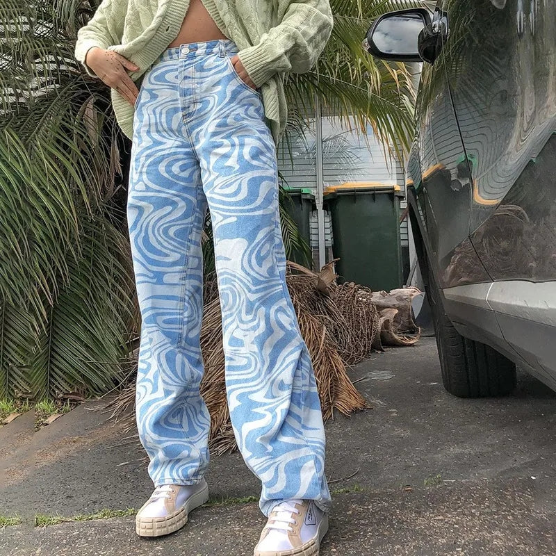 Blue & White Zebra Print High Waist Pants