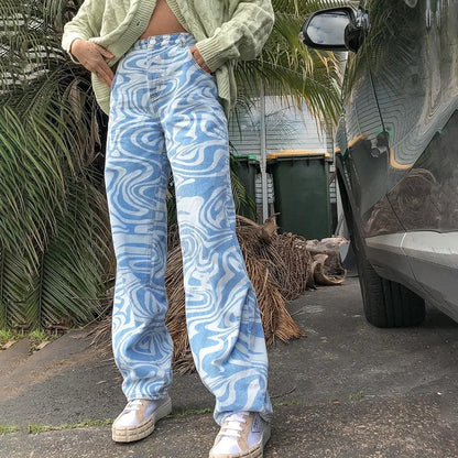 Blue & White Zebra Print High Waist Pants