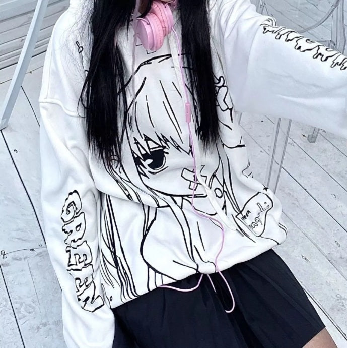 Cute Black Goth Anime Hoodie Grunge Loose Long Sleeve Shirt Aesthetic Casual E-Girl Kawaii Korean Japanese Harajuku