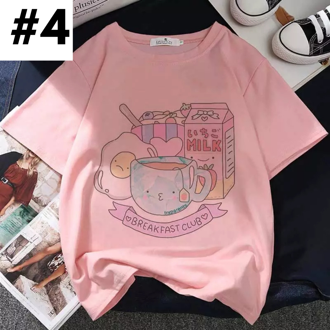 Cute Pastel Pink Strawberry Peach Juice Cartoon Print Loose Short Sleeve Shirt Aesthetic Casual E-Girl Kawaii Korean Japanese Harajuku