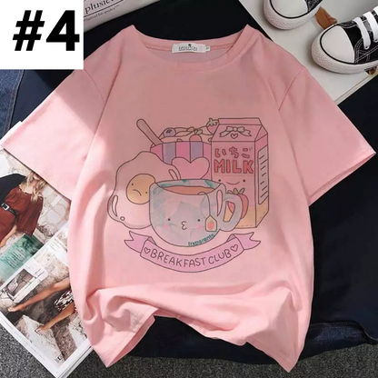 Cute Pastel Pink Strawberry Peach Juice Cartoon Print Loose Short Sleeve Shirt Aesthetic Casual E-Girl Kawaii Korean Japanese Harajuku