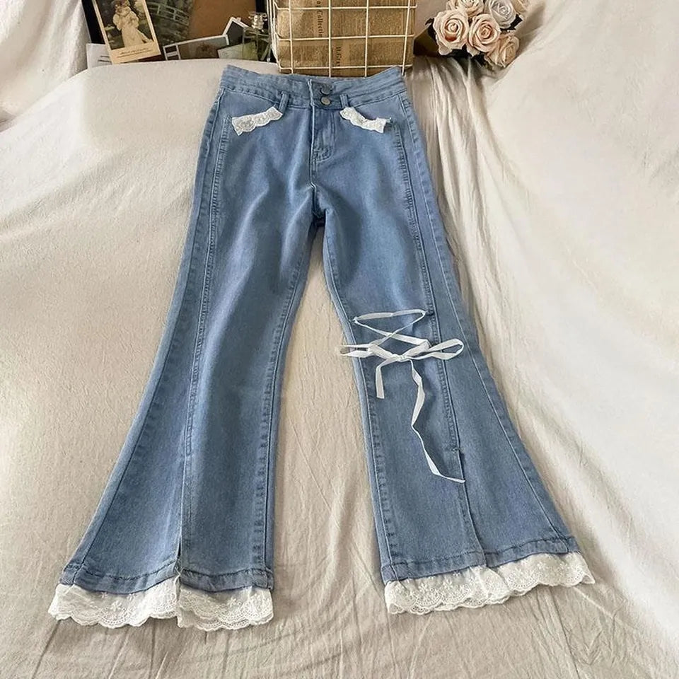 Sweet High Waist Lace Flare Jeans