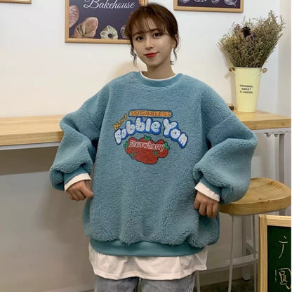 Strawberry Bubblegum Print Warm Fuzzy Fleece Hoodie Sweatshirt Sweater Long Sleeve Pullover E-Girl Kawaii Korean Japanese Harajuku Streetwear