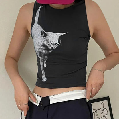 Black Cat Graphic Print Crop Top