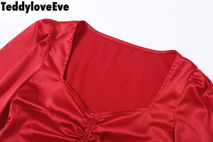 Cute Sexy Red Chiffon Low Cut Crop Top Long Sleeve Shirt Tee T-shirt E-Girl Kawaii Korean Japanese Harajuku Chinese Retro Streetwear Aesthetic
