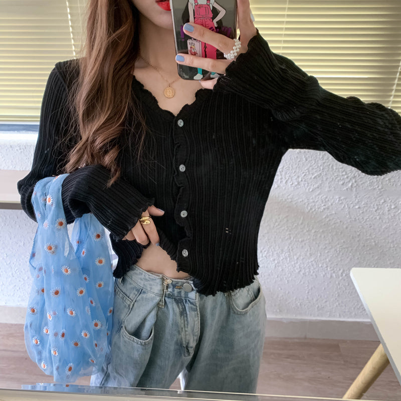 Cute V Neck Knit Casual Thin Sweater Cardigan Shirt Tee T-shirt E-Girl Kawaii Korean Japanese Harajuku Chinese Retro Streetwear