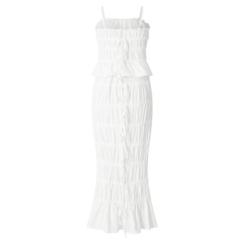 2PCS White Ruffle Camisole + High Waist Long Skirt