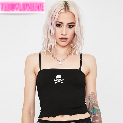 Cute Sexy Black Skull Embroidery Sleeveless Shirt Crop Top Tank Camisole Spaghetti Goth Punk Casual E-Girl Kawaii Korean Japanese Harajuku Streetwear