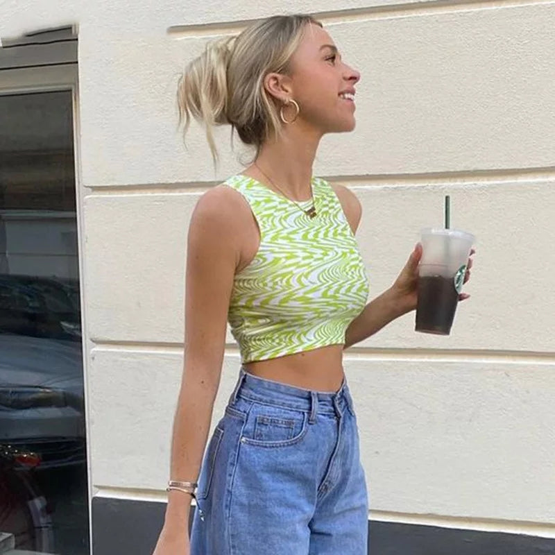Cute 90s Striped Print Vintage Retro Crop Top Sleeveless Shirt Tank Vest Aesthetic Casual Summer E-Girl Kawaii Korean Japanese Harajuku Streetwear