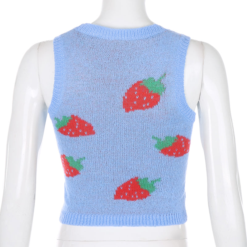 Cute Pink Strawberry V Neck Sleeveless Knit Crop Top Sweater Sweatshirt Pullover Jumper E-Girl Kawaii Korean Japanese Harajuku Streetwear
