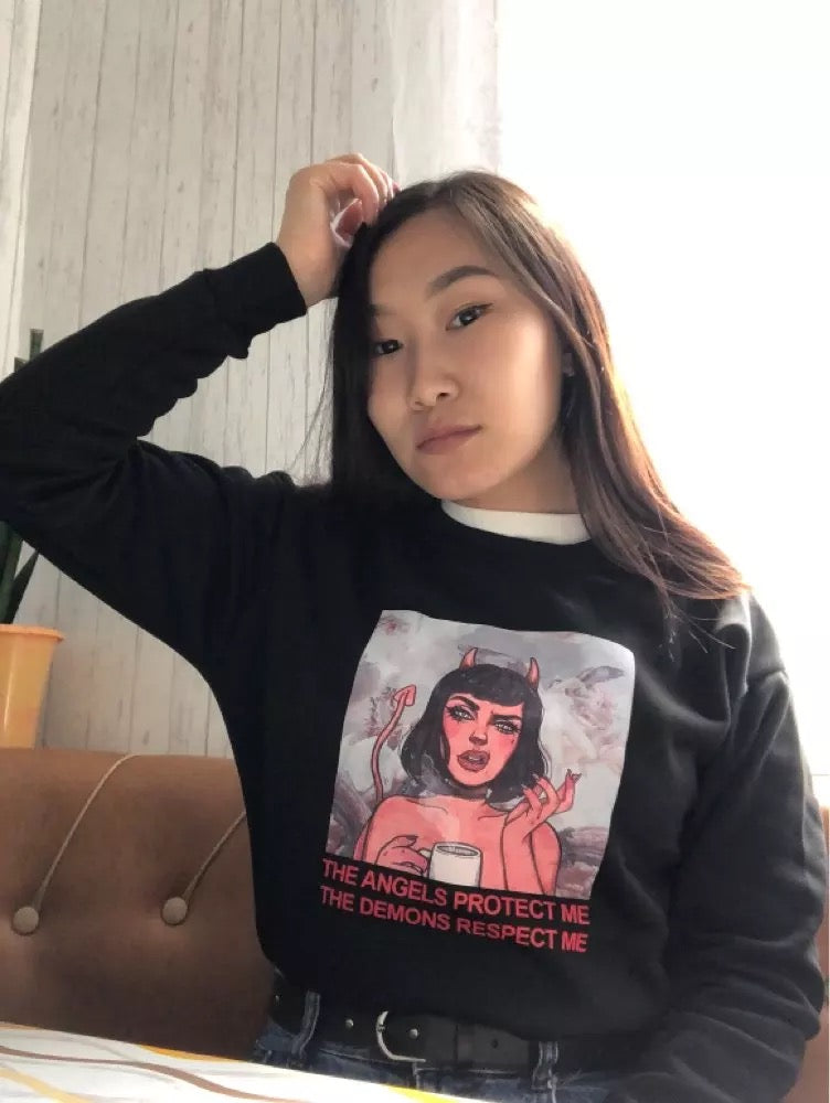 Cute Angel Demon Girl Print Sweater Pullover Hoodie Long Sleeve Top Shirt Sweatshirt E-Girl Kawaii Korean Japanese Harajuku Retro Streetwear Aesthetic