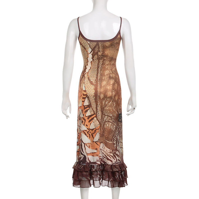 Retro Brown Lace V Neck Maxi Dress