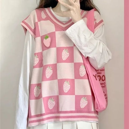 Pink Strawberry Plaid Sweater Vest