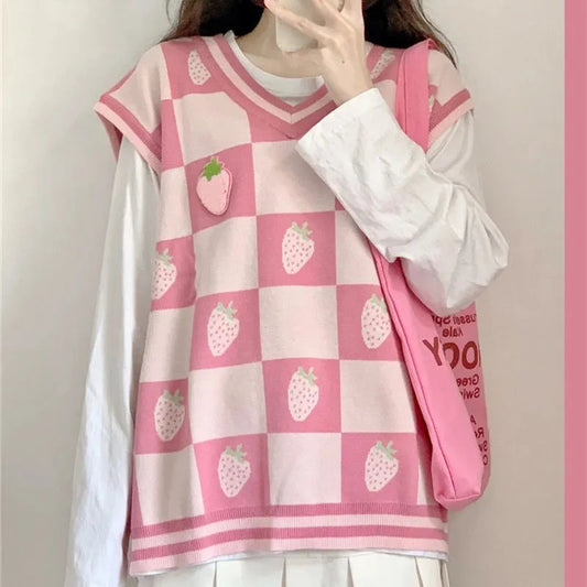 Pink Strawberry Plaid Sweater Vest