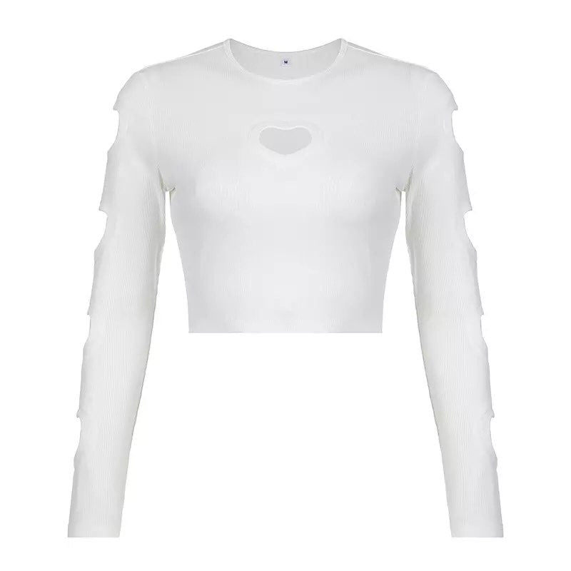 Heart Cut Out Retro White Long Sleeve T-shirt Crop Top Streetwear Summer Aesthetic Casual E-Girl Kawaii Korean Japanese Harajuku