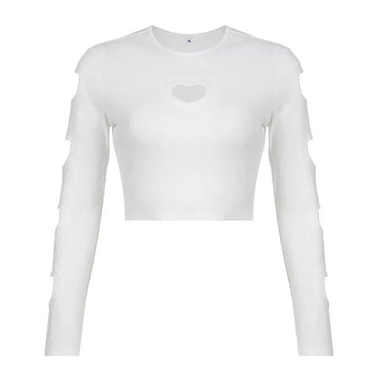 Heart Cut Out Retro White Long Sleeve T-shirt Crop Top Streetwear Summer Aesthetic Casual E-Girl Kawaii Korean Japanese Harajuku
