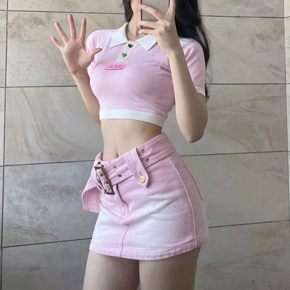 Pink Denim Low Waist Belt A-Line Skirt