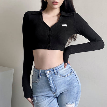 Black Knit V Neck Long Sleeve Crop Top