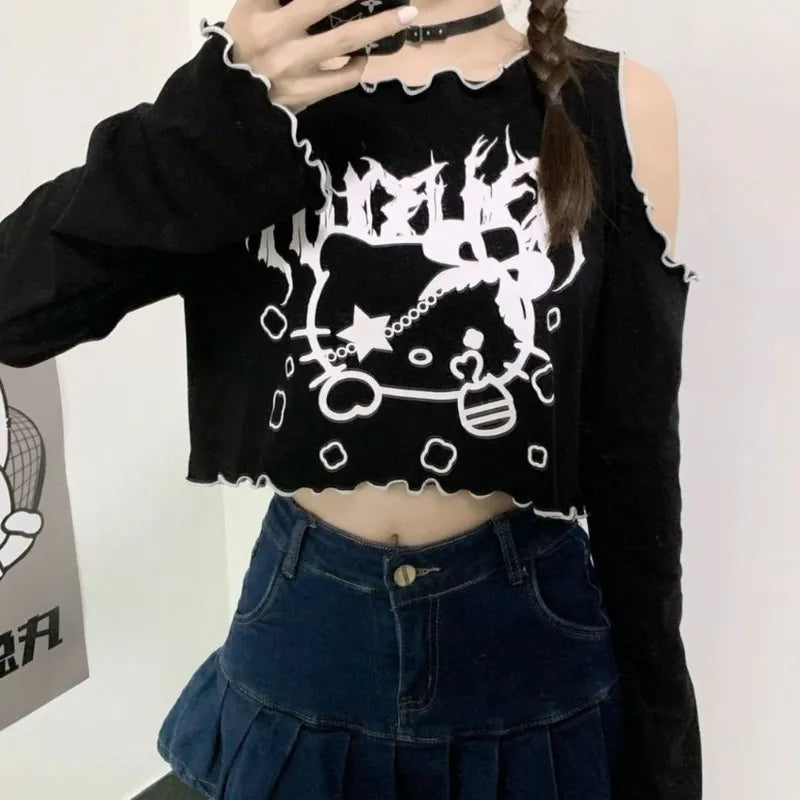 Cat Off Shoulder Frill Long Sleeve Shirt