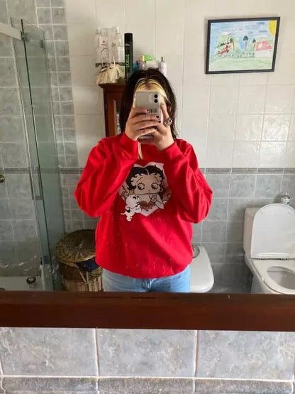 Cute 80s 90s Red Heart Vintage Cartoon Girl Long Sleeve Shirt Hoodie Pullover Sweatshirt Casual E-Girl Kawaii Korean Japanese Harajuku Streetwear