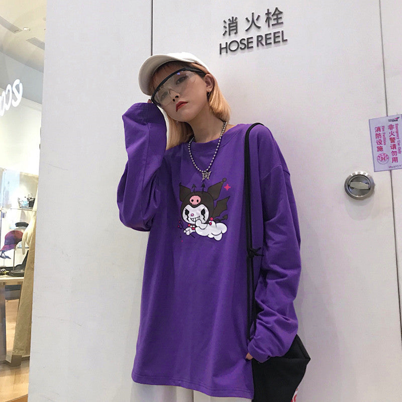 Cute Purple Devil Demon Print Anime Cartoon Casual Oversized Long Sleeve Tee Shirt T-shirt Top E-Girl Kawaii Korean Japanese Harajuku Streetwear