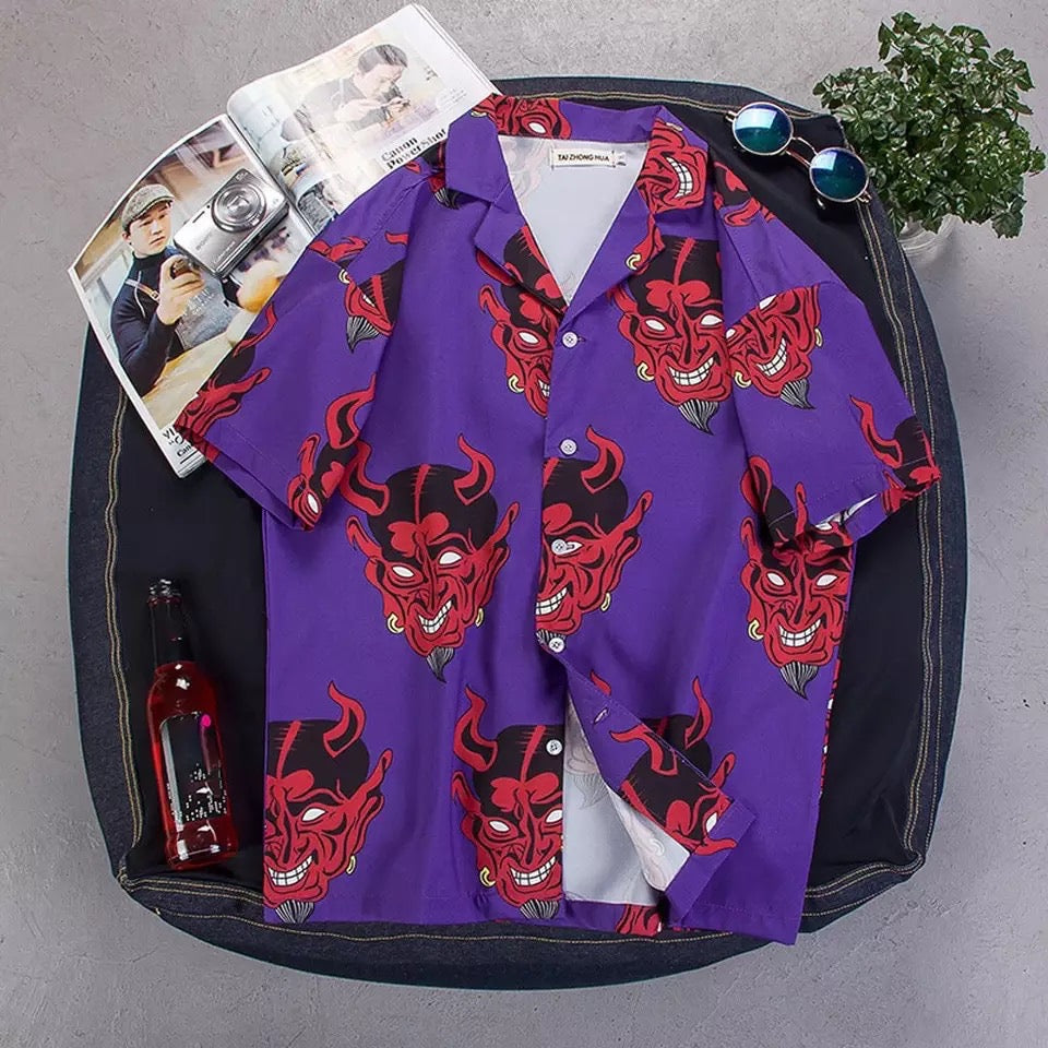 Summer Pink Purple Devil Print Button Down Casual Loose Short Sleeve Tee Shirt T-shirt Top E-Girl Kawaii Korean Japanese Harajuku Streetwear