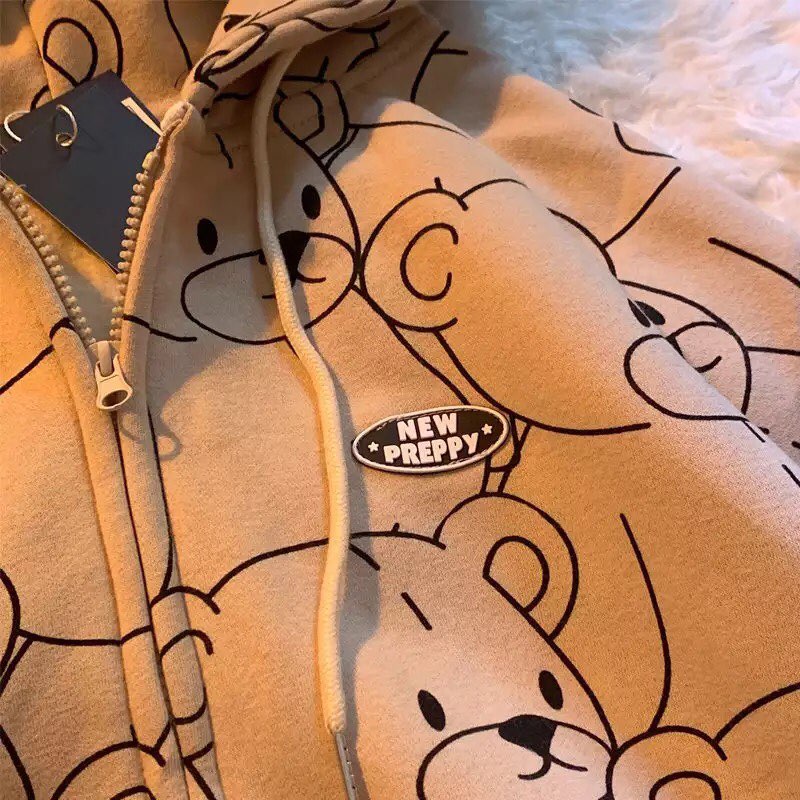 Cute Teddy Brown Bear Oversized Hoodie Zip Up Sweatshirt Sweater Long Sleeve Jumper Pullover E-Girl Kawaii Korean Japanese Harajuku Streetwear