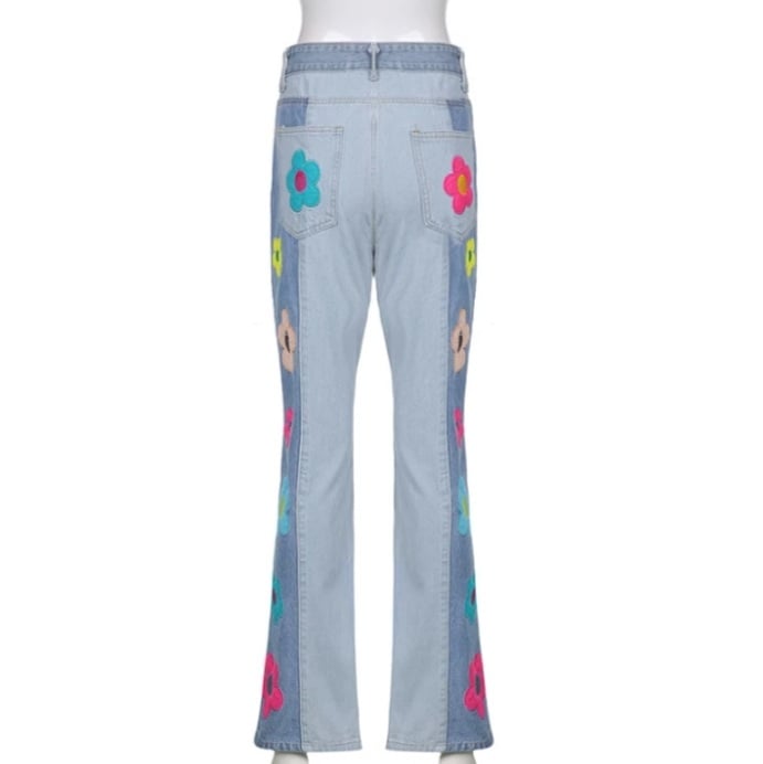 Cute Vintage Flower Patchwork High Waisted Denim Jean Trouser Pants Indie Punk Aesthetic Casual Summer E-Girl Kawaii Korean Japanese Harajuku