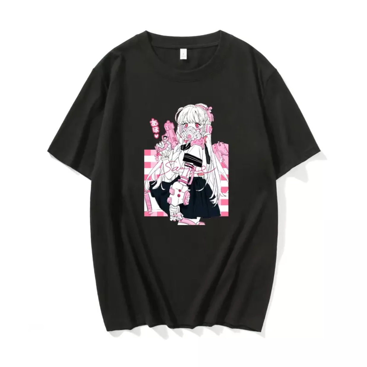 Cute Pink Black Sweet Vintage Anime Girl Cartoon Loose Short Sleeve Shirt Tee T-shirt Summer Casual E-Girl Kawaii Korean Japanese Harajuku Streetwear