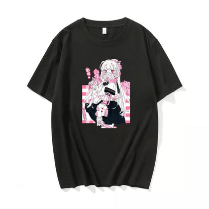 Cute Pink Black Sweet Vintage Anime Girl Cartoon Loose Short Sleeve Shirt Tee T-shirt Summer Casual E-Girl Kawaii Korean Japanese Harajuku Streetwear