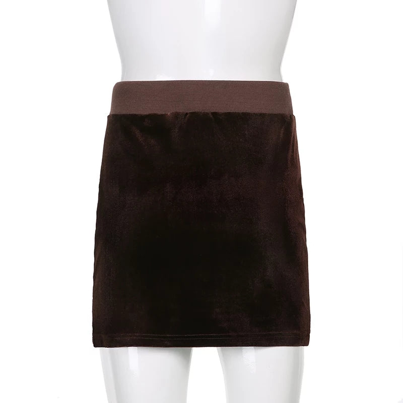 Cute Sexy Brown Rhinestone Crystal Heart Velvet Slit Low Waisted Mini Skirt Bottoms Aesthetic Casual Summer E-Girl Kawaii Korean Japanese Harajuku