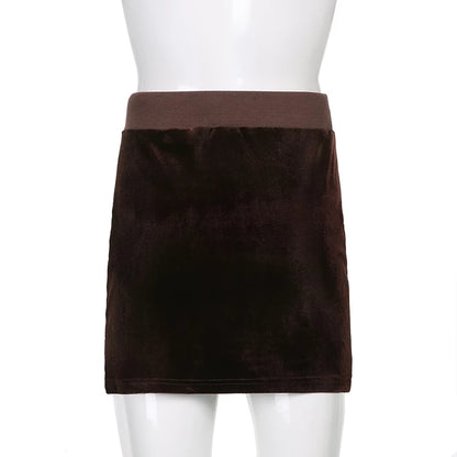 Cute Sexy Brown Rhinestone Crystal Heart Velvet Slit Low Waisted Mini Skirt Bottoms Aesthetic Casual Summer E-Girl Kawaii Korean Japanese Harajuku
