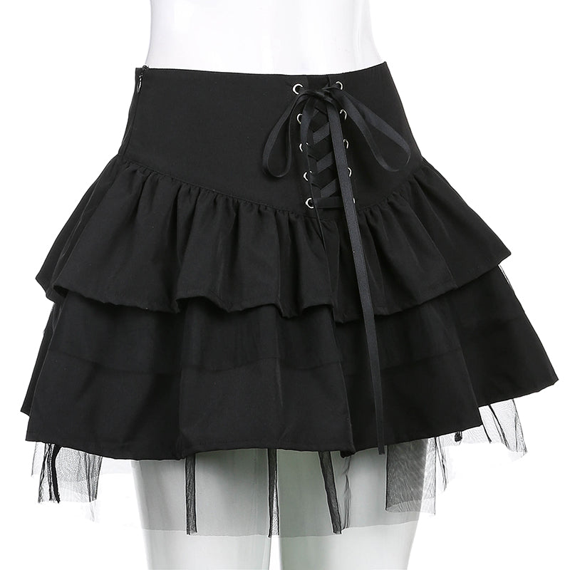 Cute Black Goth Lace Up High Waisted Ruffle Skirt Punk Bandage A-line Lace Trim Tutu Casual E-Girl Kawaii Korean Japanese Harajuku Streetwear