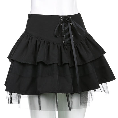Cute Black Goth Lace Up High Waisted Ruffle Skirt Punk Bandage A-line Lace Trim Tutu Casual E-Girl Kawaii Korean Japanese Harajuku Streetwear