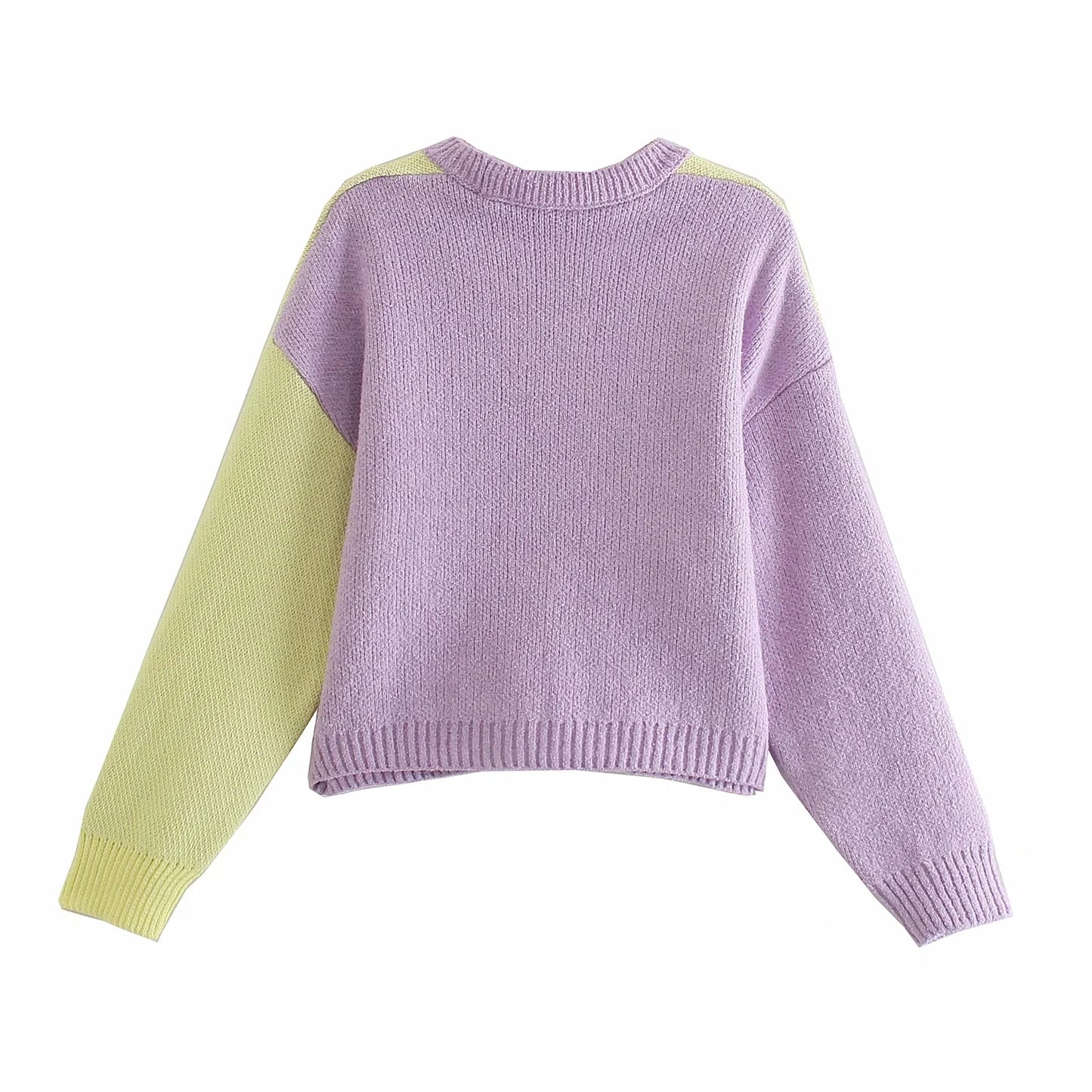 Purple & Yellow Flower Print Patchwork Sweater