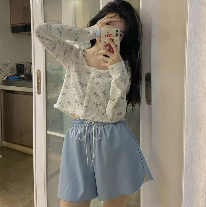 Sweet Floral Lace Chic Cardigan Patchwork Long Sleeve Shirt Crop Top Casual Summer E-Girl Kawaii Korean Japanese Harajuku