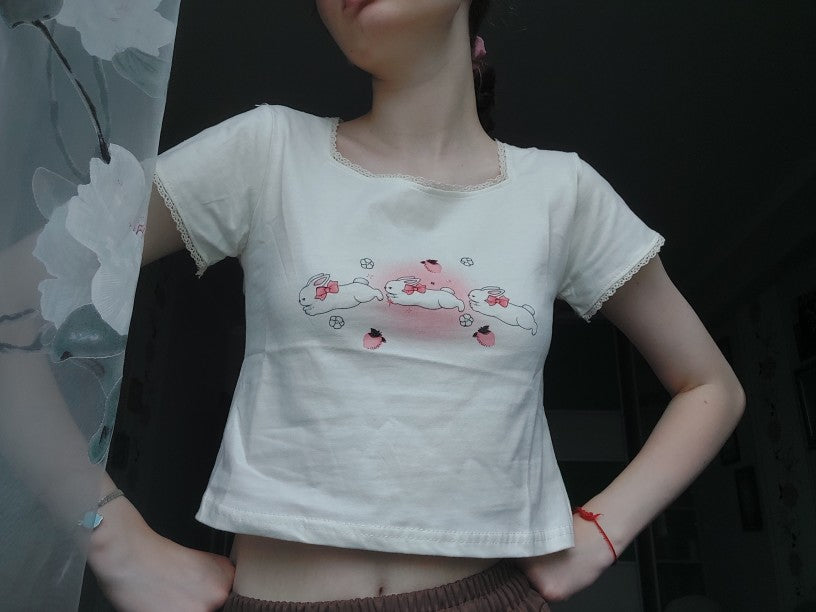 Rabbit Kitten Lace Trim Short Sleeve T-shirt
