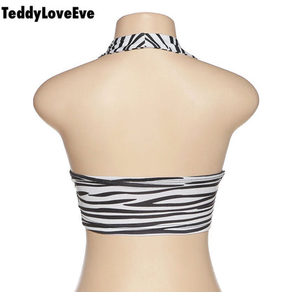 Cute Sexy Zebra Animal Print Sleeveless Halter Crop Top Shirt Tee T-shirt E-Girl Kawaii Korean Japanese Harajuku Chinese Retro Streetwear Aesthetic