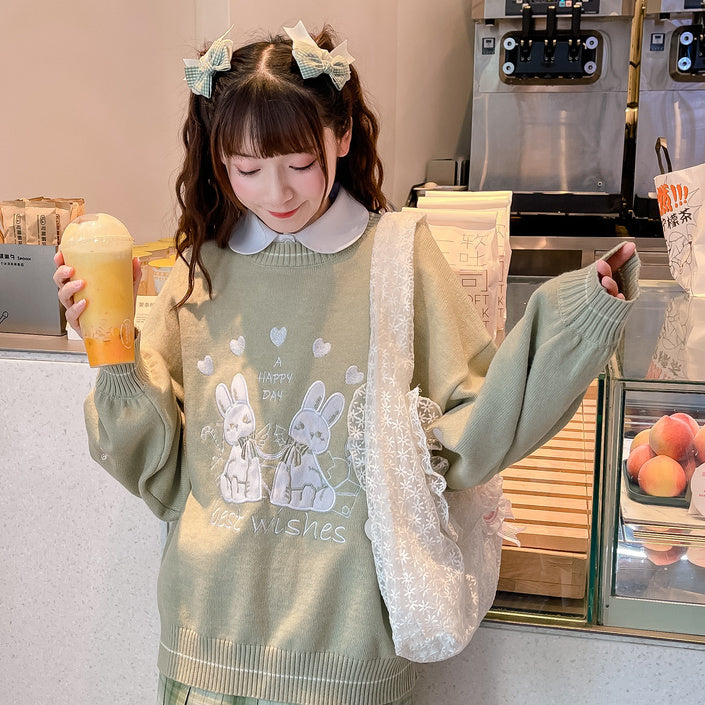 Green Rabbit Knit Long Sleeve Sweater