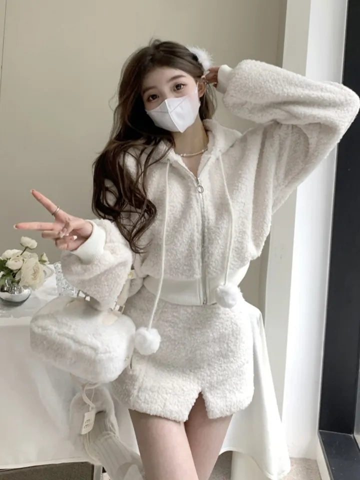 2PCS White Soft Zipper Hoodie + Split Mini Skirt