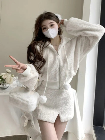 2PCS White Soft Zipper Hoodie + Split Mini Skirt