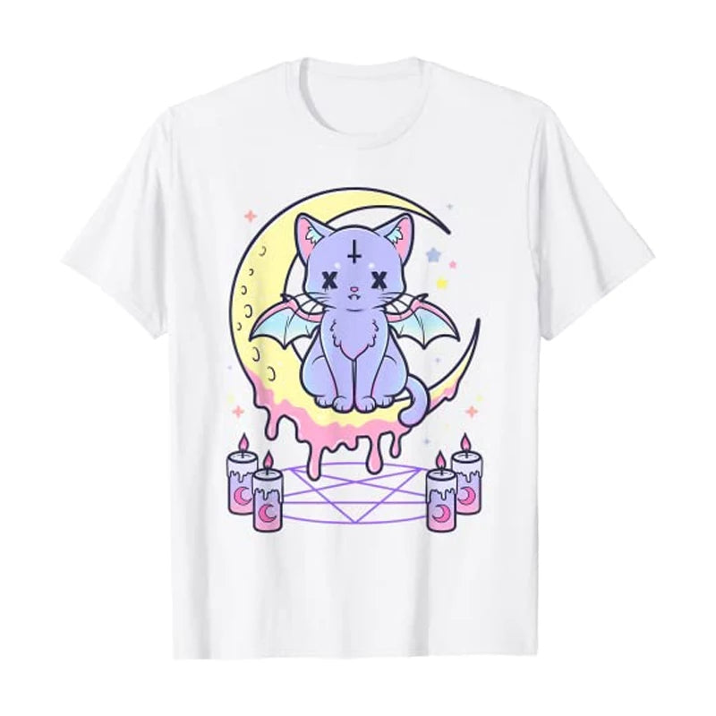 Cute Pastel Black Cat Witch Magic Moon Print Short Sleeve T-shirt Goth Punk Aesthetic Casual E-Girl Kawaii Korean Japanese Harajuku